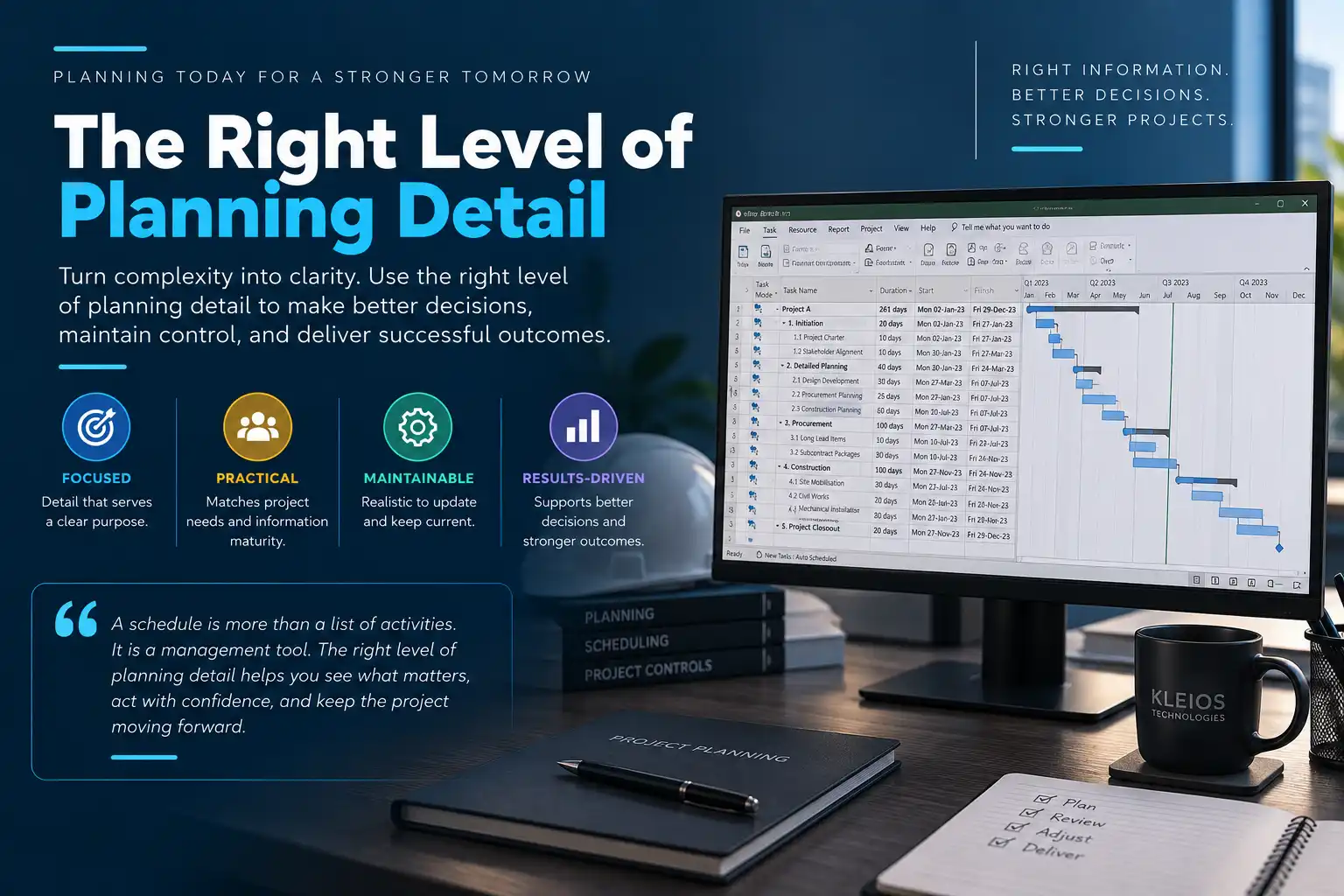 Finding the right Level of Planning Detail with a project schedule, Gantt chart, planning documents, and four principles for focused, practical, maintainable, results-driven planning.