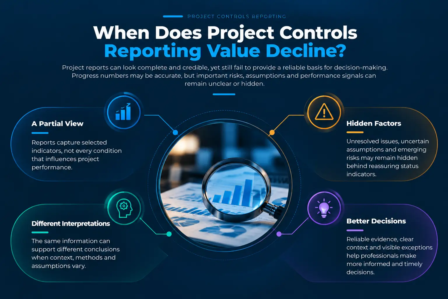 Project Controls Reporting Value decline illustrated through partial visibility, hidden risks, differing interpretations, and better-informed project decisions.
