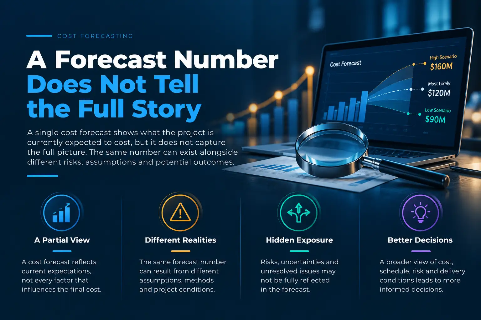 Cost Forecasts Lose Reliability infographic showing a cost forecast dashboard, uncertainty scenarios, hidden risks, differing assumptions, and the importance of informed project decisions.